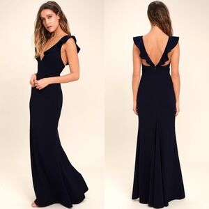 LULUS Navy Perfect Opportunity Ruffle Trumpet Maxi Dress bridesmaid Event prom